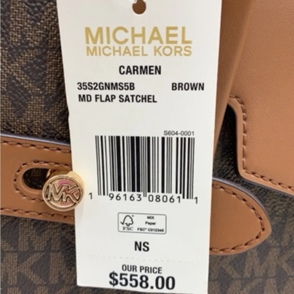 MICHAEL KORS Carmen Medium Faux Leather Belted Satchel Brown Signature color